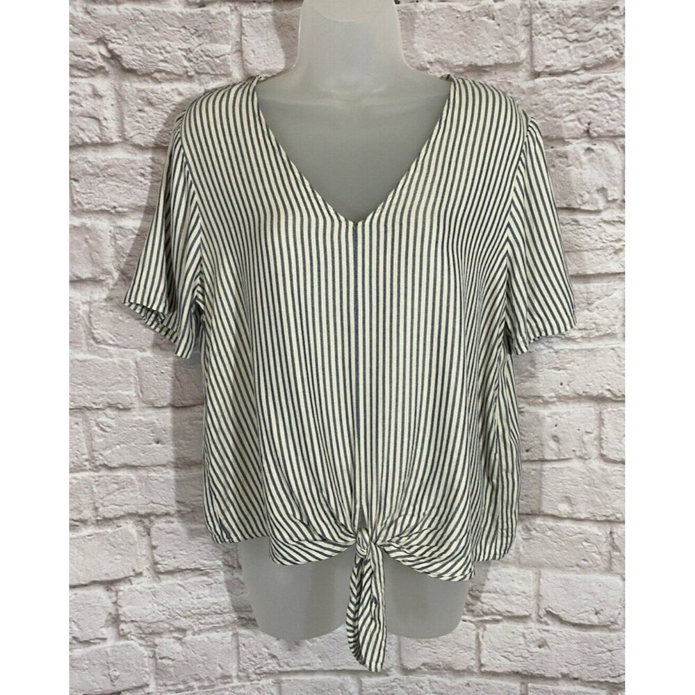 Madewell Relaxed Top Medium Blue White Striped Tie Front Short Sleeve Shirt 9587